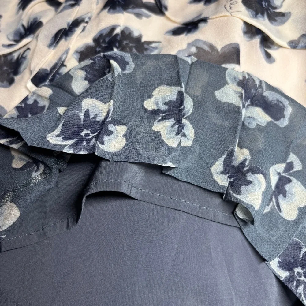 Tory Burch Cecilia Floral Pleated Dress Sz 2 Blue Cream A-Line Bow‎ Neck Chiffon